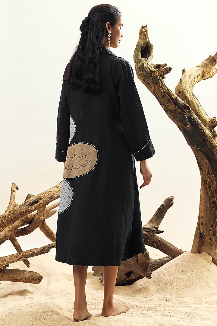 Black Linen Floral Embroidered Vacation Dress by Linen Bloom at Pernia's Pop Up Shop