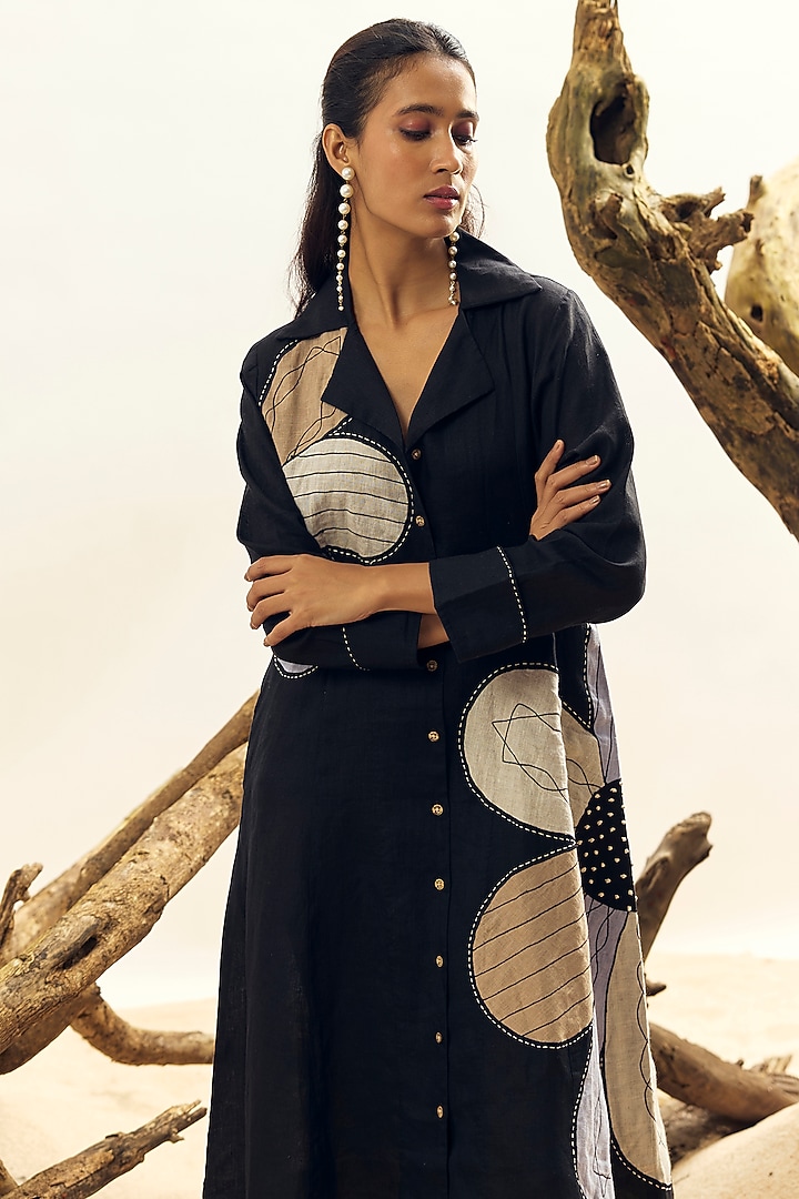 Black Linen Floral Embroidered Vacation Dress by Linen Bloom at Pernia's Pop Up Shop