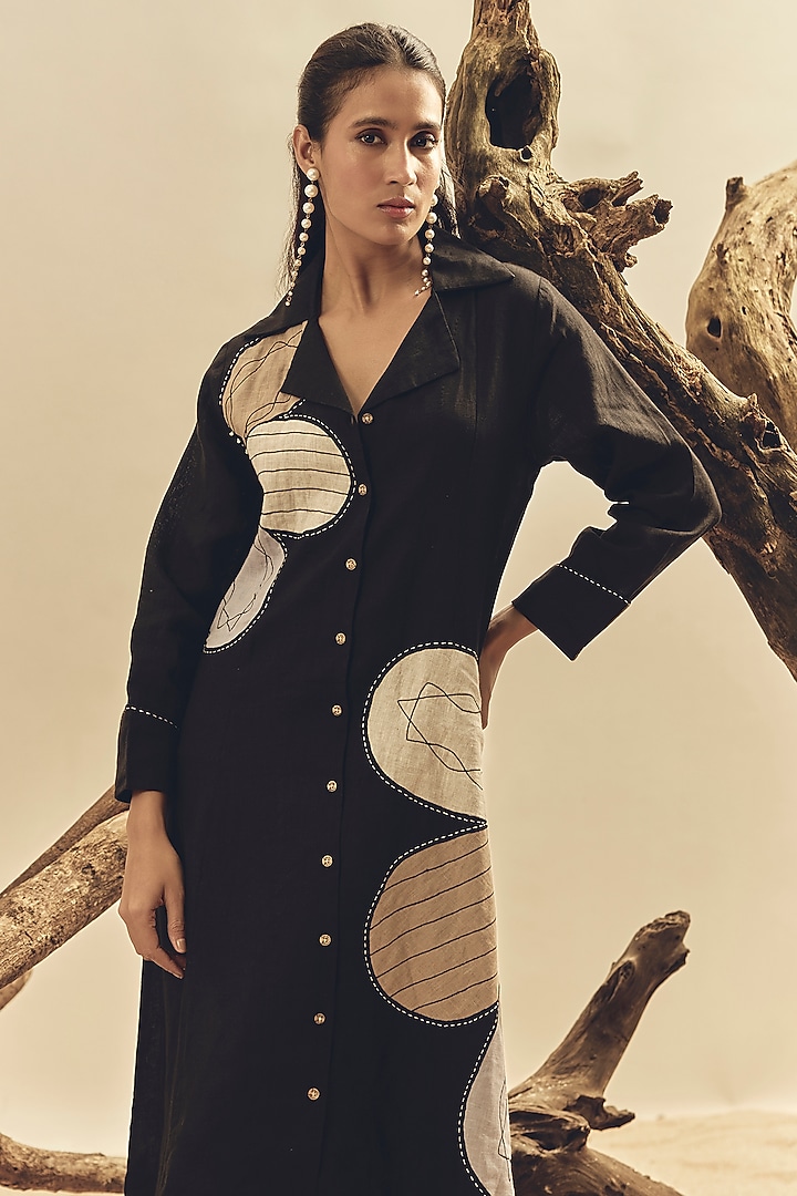 Black Linen Floral Embroidered Vacation Dress by Linen Bloom at Pernia's Pop Up Shop