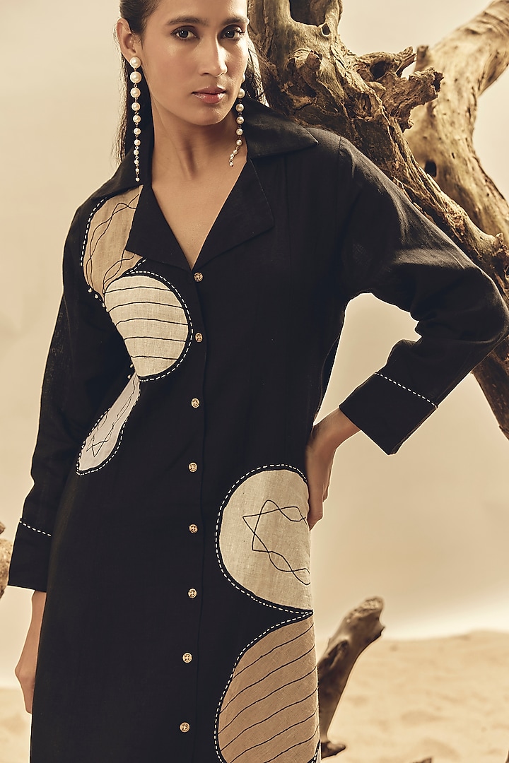 Black Linen Floral Embroidered Vacation Dress by Linen Bloom at Pernia's Pop Up Shop