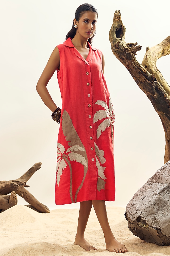 Coral Linen Floral Embroidered Vacation Dress by Linen Bloom at Pernia's Pop Up Shop