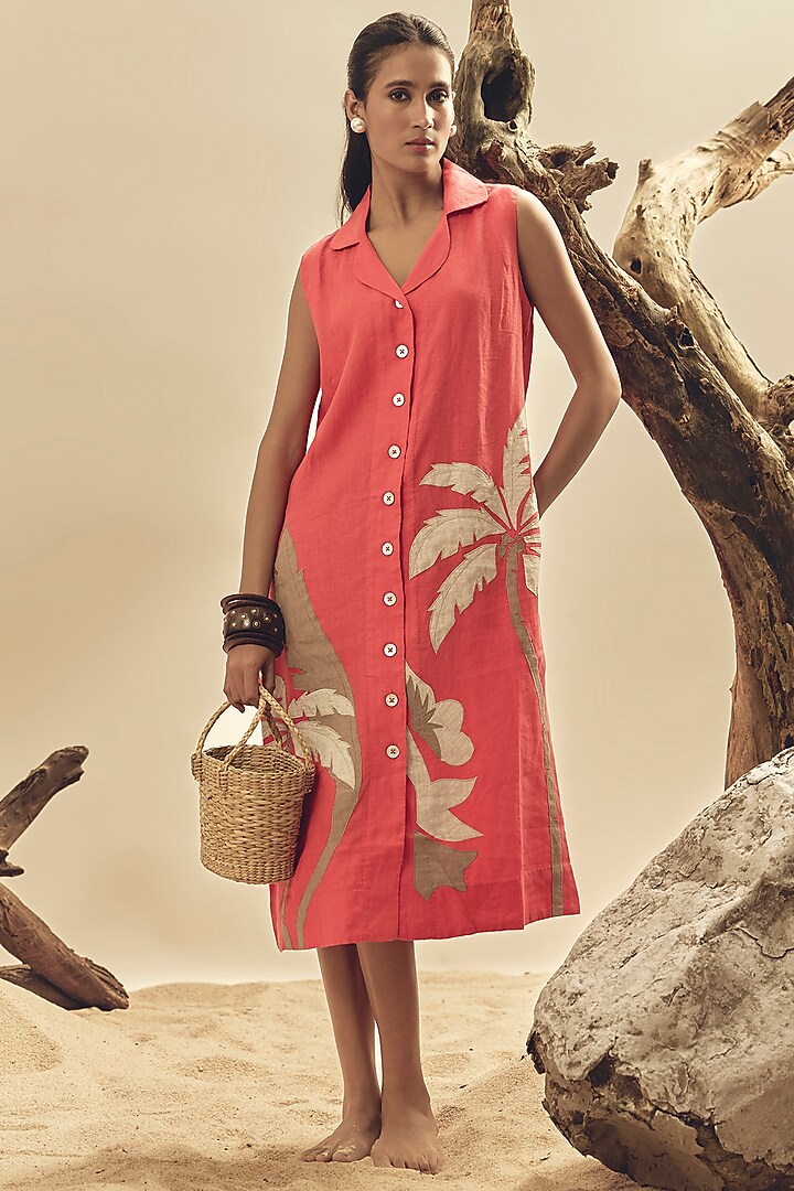 Coral Linen Floral Embroidered Vacation Dress by Linen Bloom at Pernia's Pop Up Shop