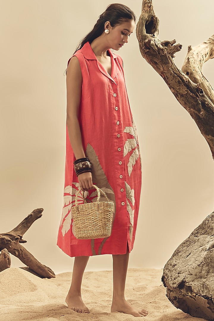 Coral Linen Floral Embroidered Vacation Dress by Linen Bloom at Pernia's Pop Up Shop