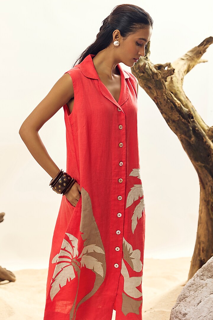 Coral Linen Floral Embroidered Vacation Dress by Linen Bloom at Pernia's Pop Up Shop