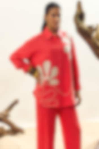 Coral Linen Embroidered Shirt by Linen Bloom at Pernia's Pop Up Shop