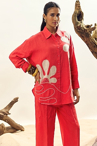 Coral Linen Embroidered Shirt by Linen Bloom