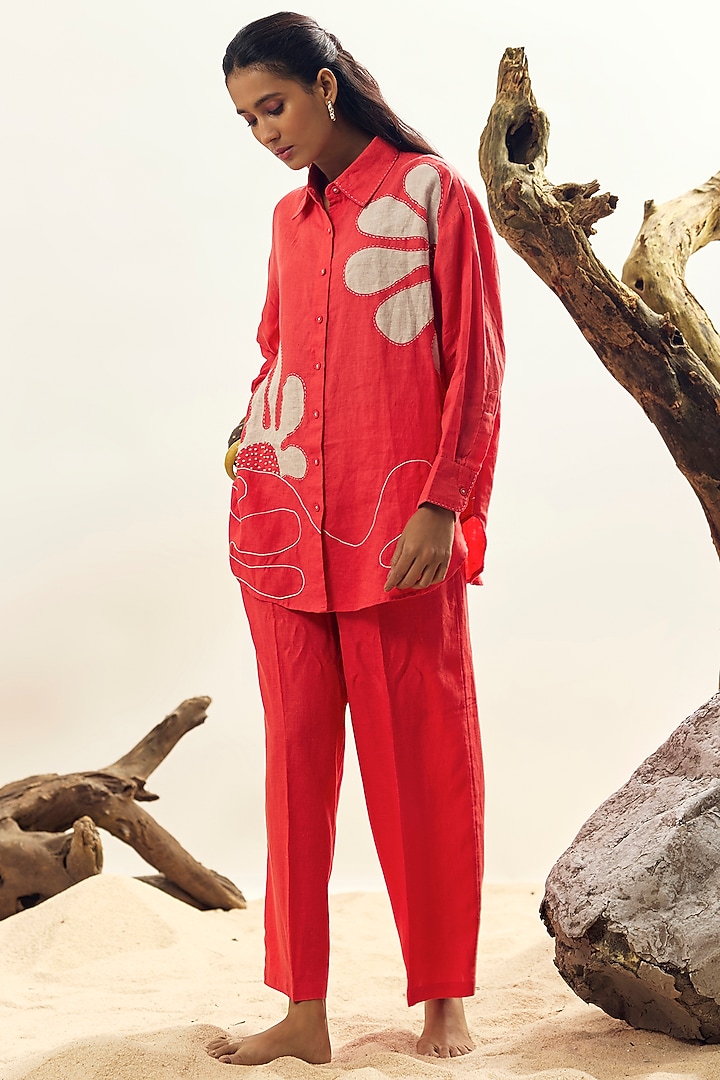 Coral Linen Embroidered Shirt by Linen Bloom at Pernia's Pop Up Shop
