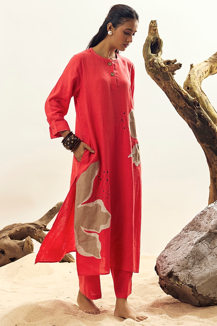Coral Linen Embroidered Tunic by Linen Bloom at Pernia's Pop Up Shop