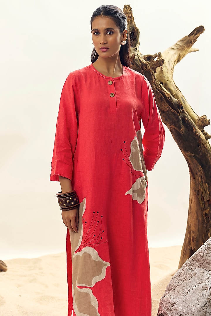 Coral Linen Embroidered Tunic by Linen Bloom at Pernia's Pop Up Shop