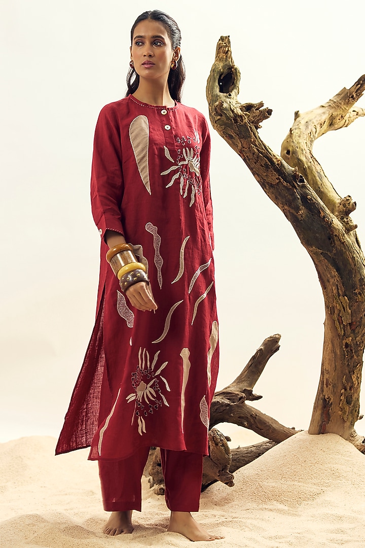 Crimson Linen Embroidered Tunic Set by Linen Bloom at Pernia's Pop Up Shop