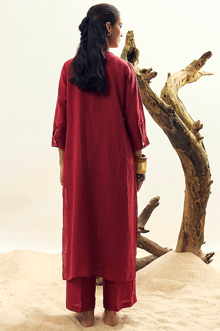 Crimson Linen Embroidered Tunic Set by Linen Bloom at Pernia's Pop Up Shop