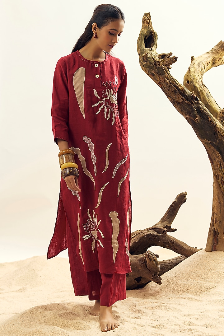Crimson Linen Embroidered Tunic Set by Linen Bloom at Pernia's Pop Up Shop
