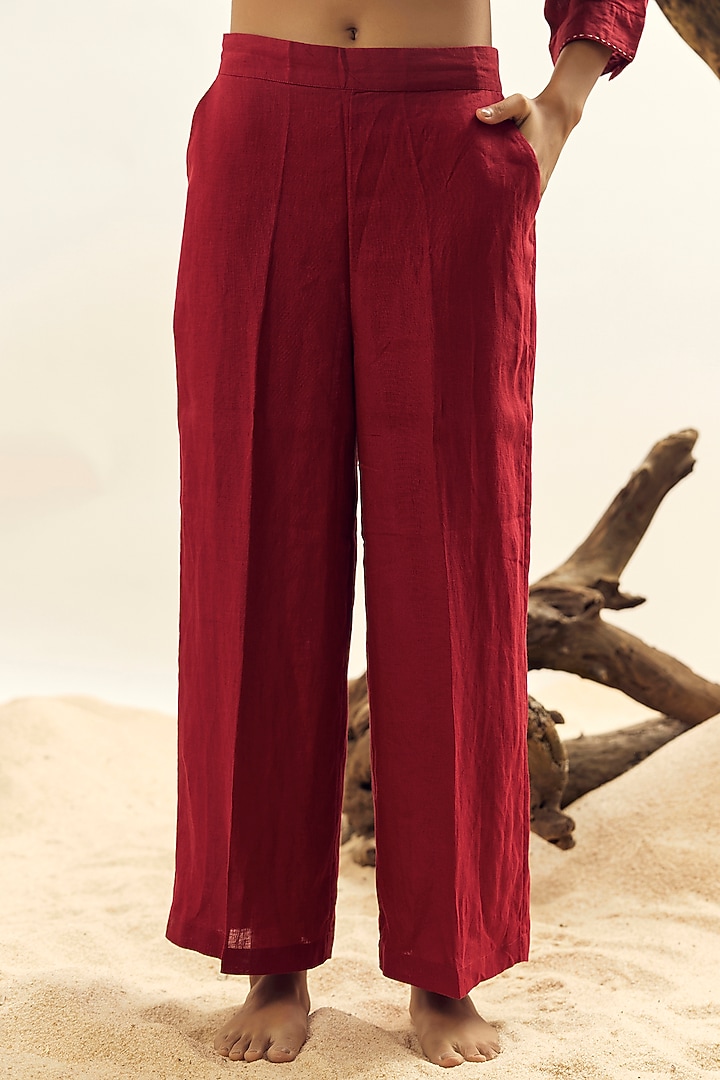 Crimson Linen Embroidered Tunic Set by Linen Bloom at Pernia's Pop Up Shop