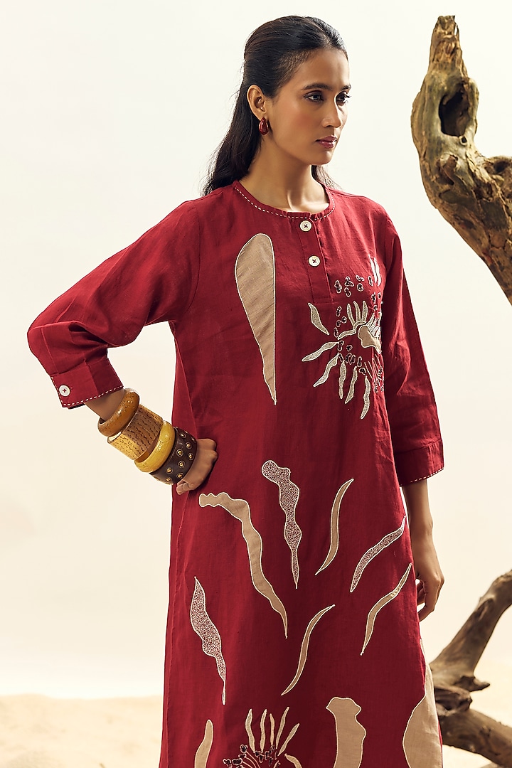 Crimson Linen Embroidered Tunic Set by Linen Bloom at Pernia's Pop Up Shop