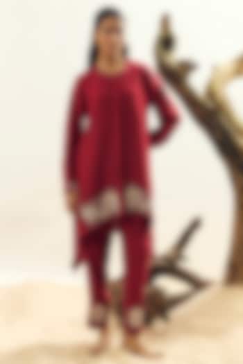 Crimson Linen Embroidered Tunic Set by Linen Bloom at Pernia's Pop Up Shop