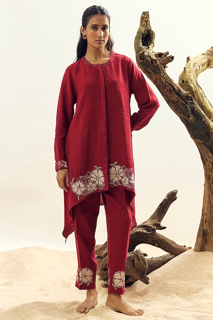 Crimson Linen Embroidered Tunic Set by Linen Bloom at Pernia's Pop Up Shop