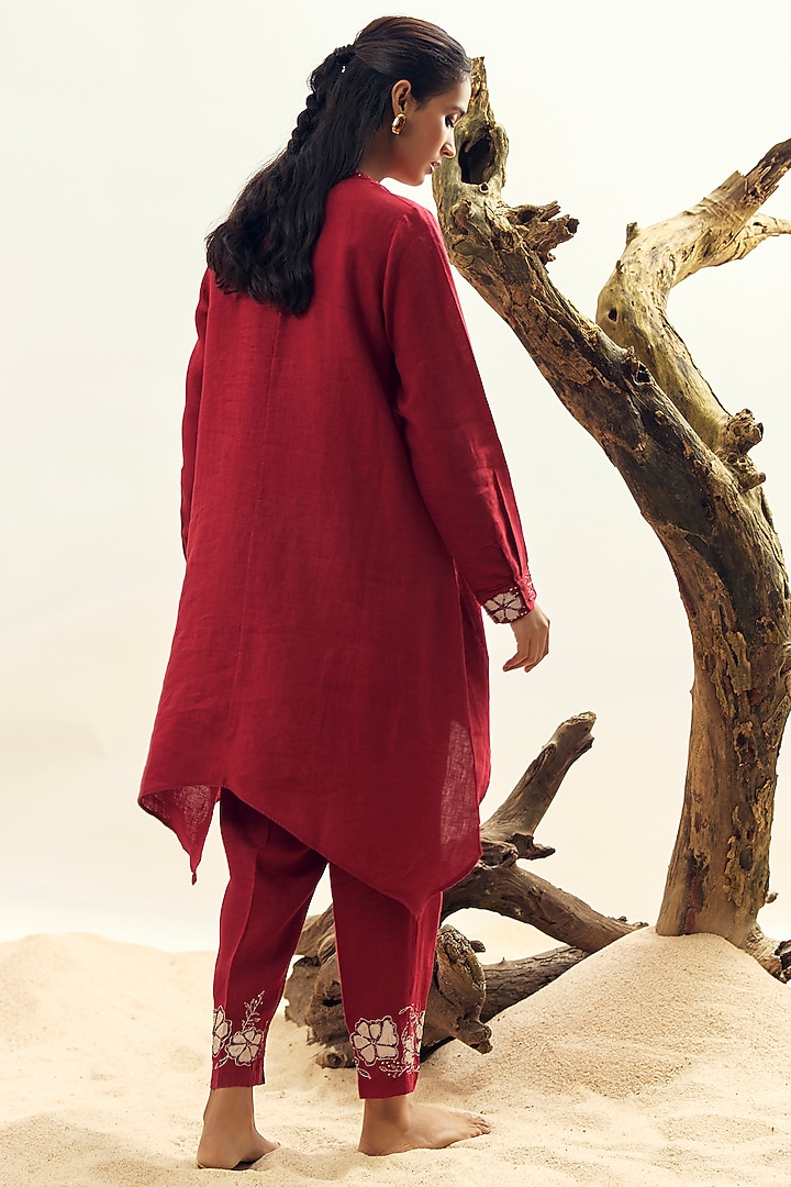 Crimson Linen Embroidered Tunic Set by Linen Bloom at Pernia's Pop Up Shop