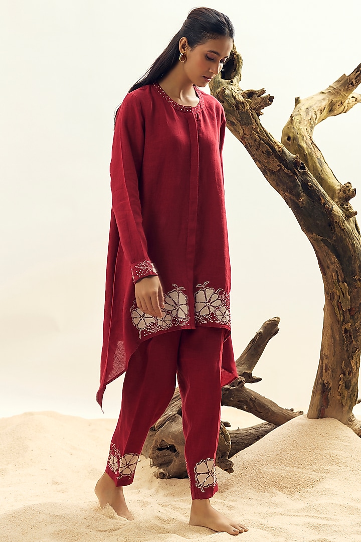 Crimson Linen Embroidered Tunic Set by Linen Bloom at Pernia's Pop Up Shop