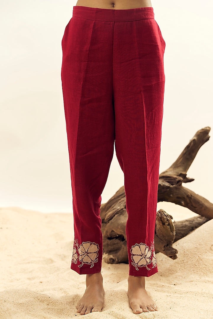 Crimson Linen Embroidered Tunic Set by Linen Bloom at Pernia's Pop Up Shop