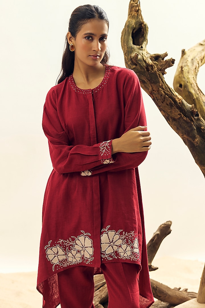 Crimson Linen Embroidered Tunic Set by Linen Bloom at Pernia's Pop Up Shop