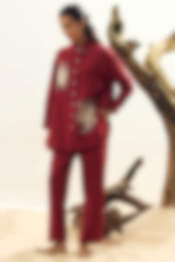 Crimson Linen Embroidered Co-Ord Set by Linen Bloom at Pernia's Pop Up Shop