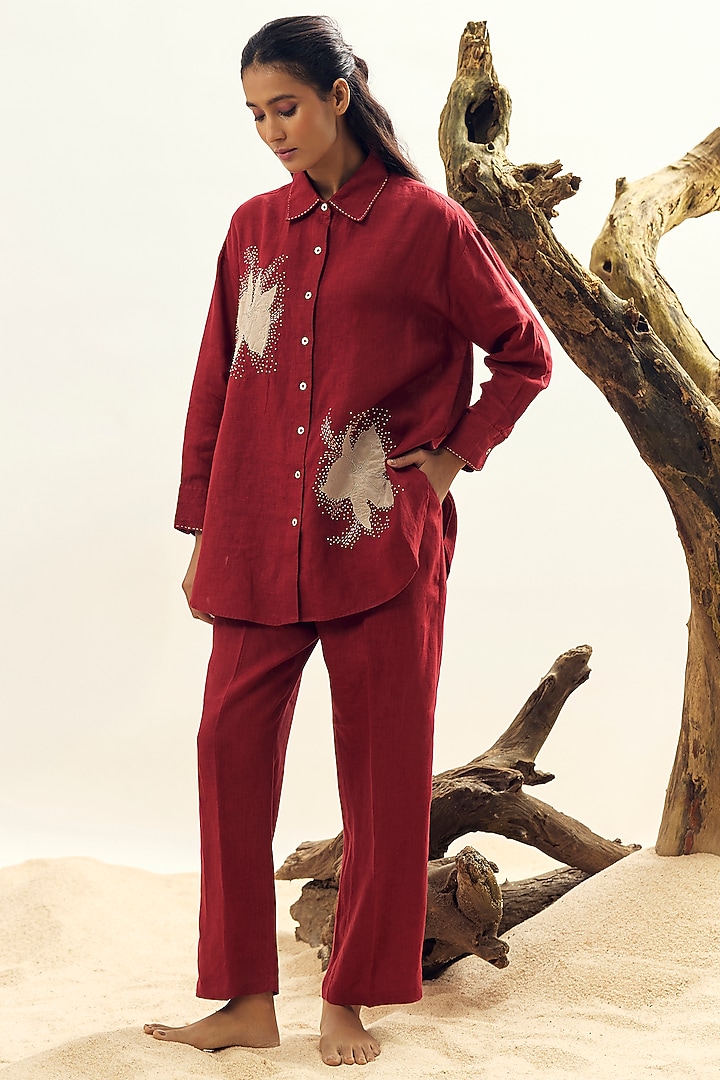 Crimson Linen Embroidered Co-Ord Set by Linen Bloom at Pernia's Pop Up Shop
