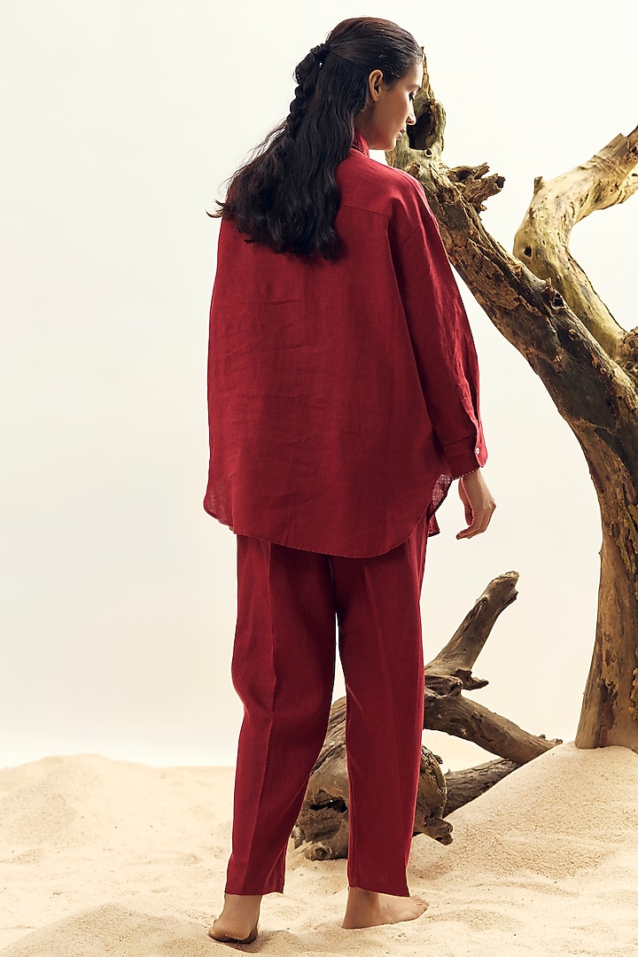 Crimson Linen Embroidered Co-Ord Set by Linen Bloom at Pernia's Pop Up Shop