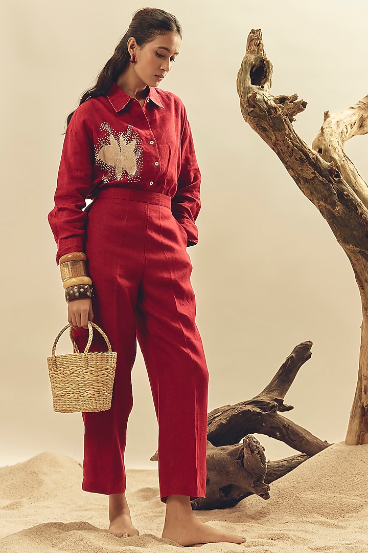 Crimson Linen Embroidered Co-Ord Set by Linen Bloom at Pernia's Pop Up Shop