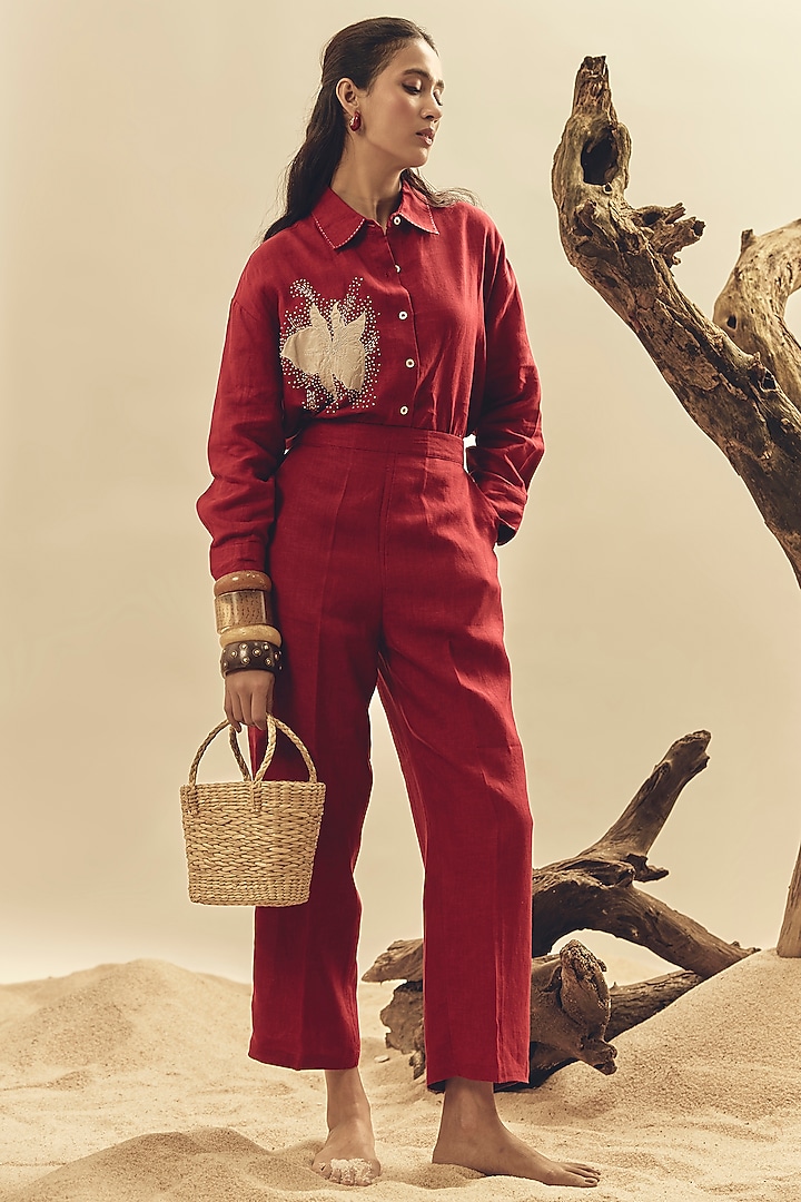 Crimson Linen Embroidered Co-Ord Set by Linen Bloom at Pernia's Pop Up Shop