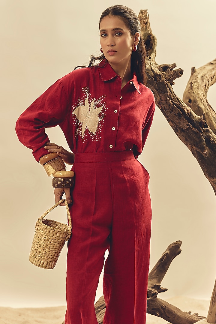 Crimson Linen Embroidered Co-Ord Set by Linen Bloom at Pernia's Pop Up Shop