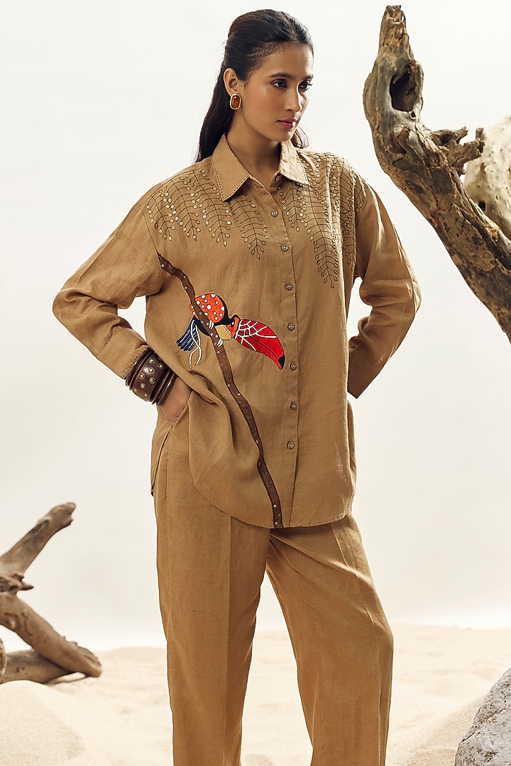 Camel Brown Linen Embroidered Shirt by Linen Bloom at Pernia's Pop Up Shop