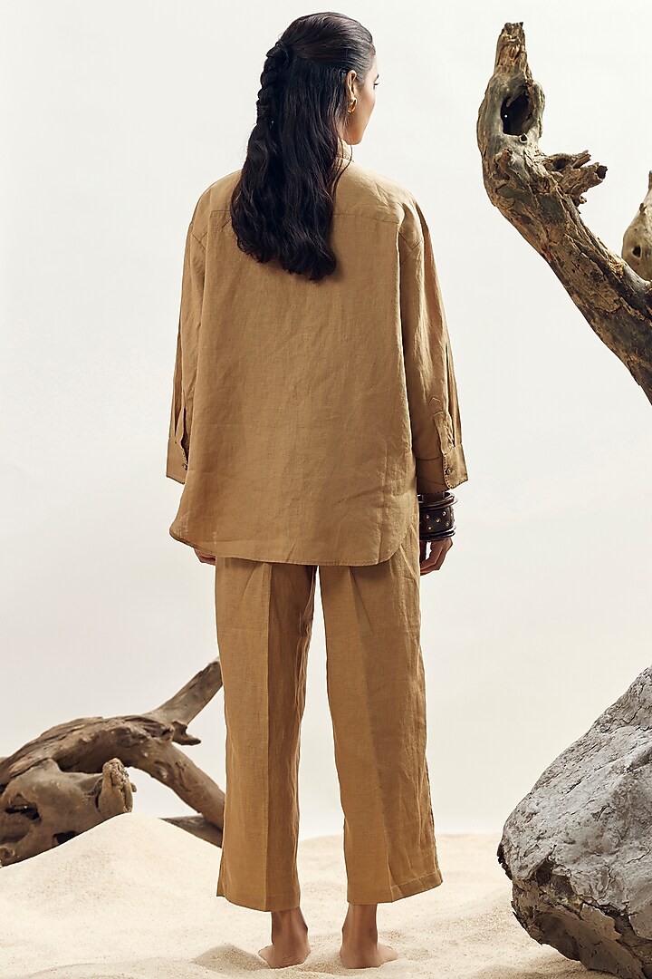 Camel Brown Linen Embroidered Shirt by Linen Bloom at Pernia's Pop Up Shop