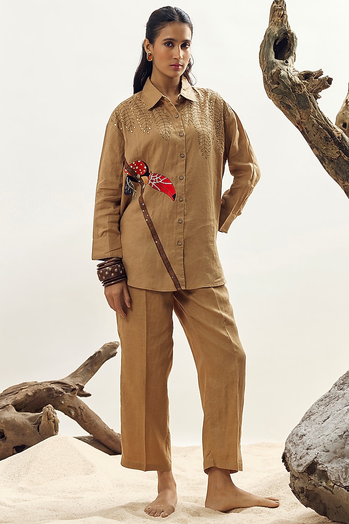 Camel Brown Linen Embroidered Shirt by Linen Bloom at Pernia's Pop Up Shop