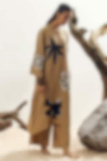 Camel Brown Linen Embroidered Tunic Set by Linen Bloom at Pernia's Pop Up Shop