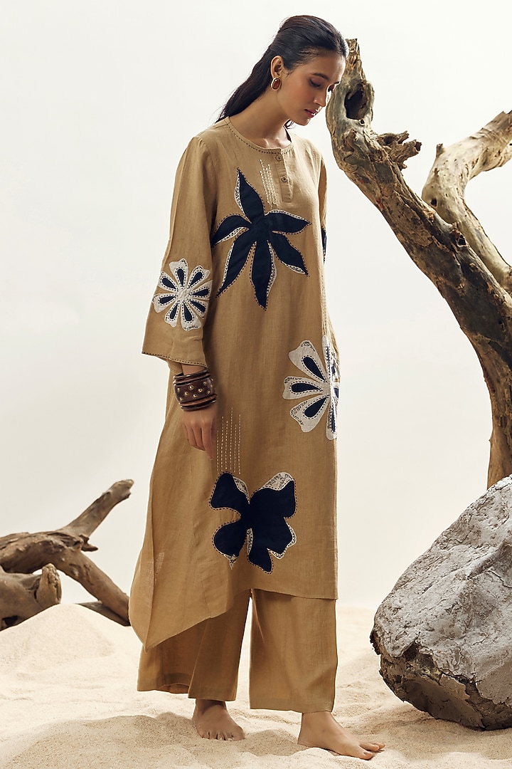 Camel Brown Linen Embroidered Tunic Set by Linen Bloom at Pernia's Pop Up Shop