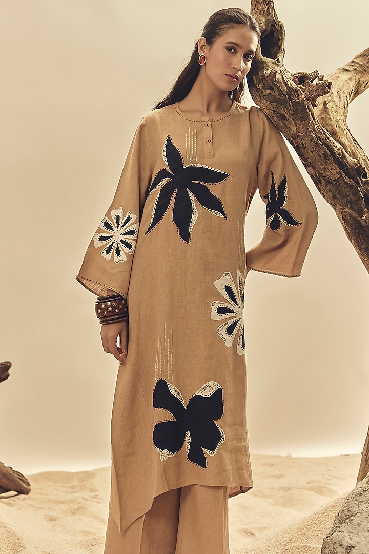Camel Brown Linen Embroidered Tunic Set by Linen Bloom at Pernia's Pop Up Shop