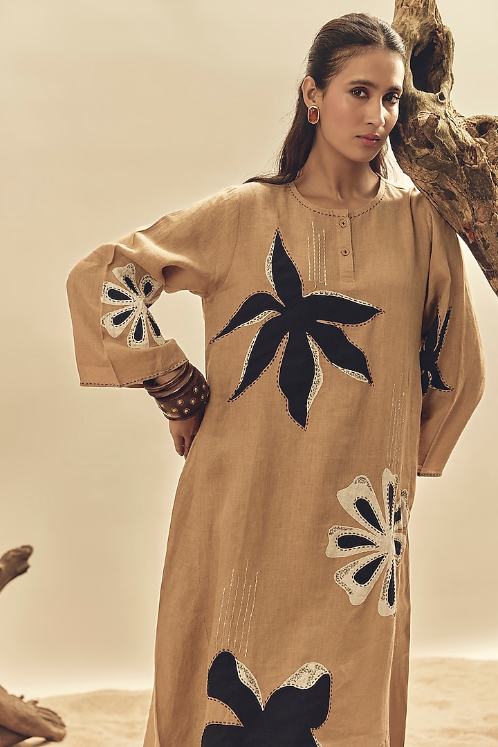 Camel Brown Linen Embroidered Tunic Set by Linen Bloom at Pernia's Pop Up Shop