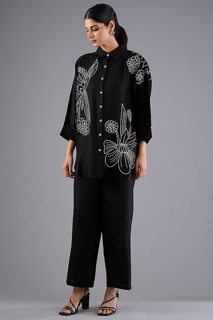 Black Linen Embroidered Co-Ord Set by Linen Bloom at Pernia's Pop Up Shop