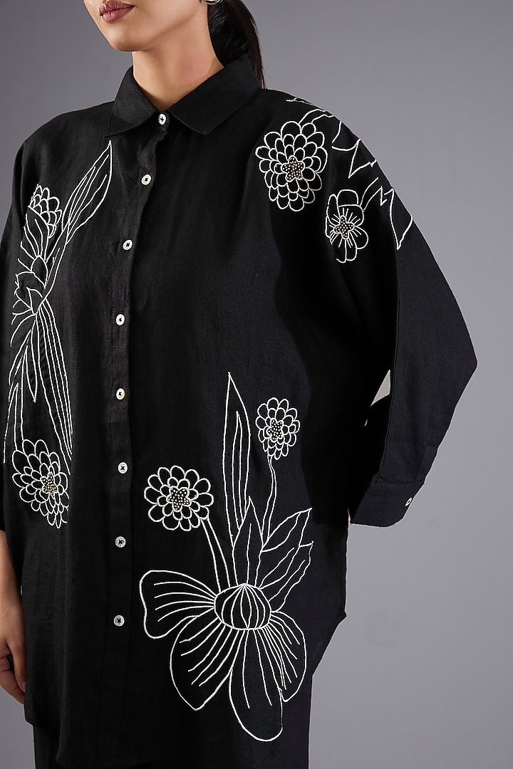 Black Linen Embroidered Co-Ord Set by Linen Bloom at Pernia's Pop Up Shop