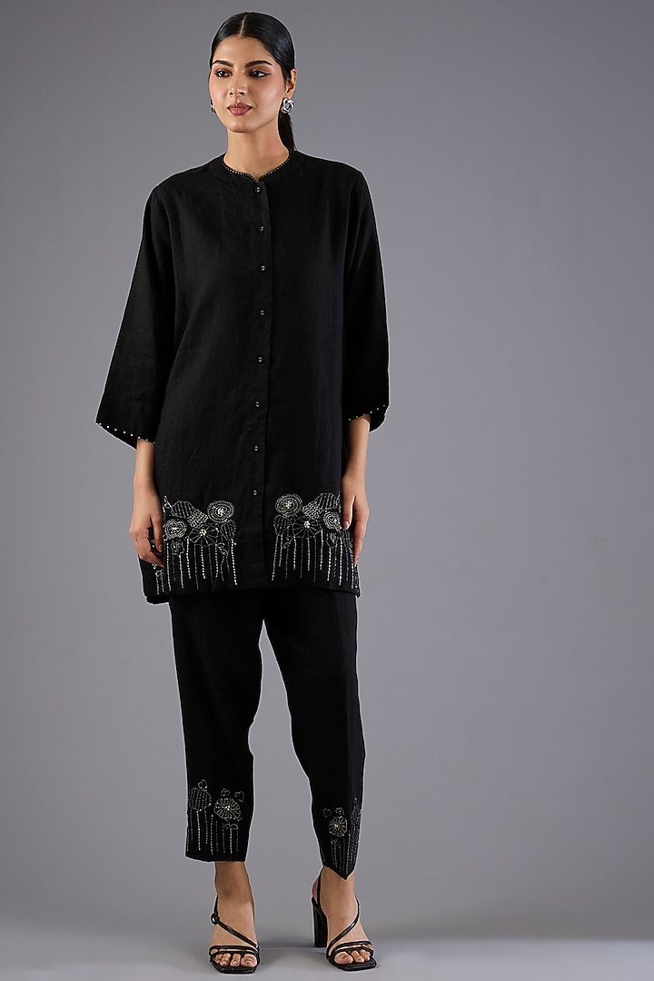 Black Linen Embroidered Co-Ord Set by Linen Bloom at Pernia's Pop Up Shop