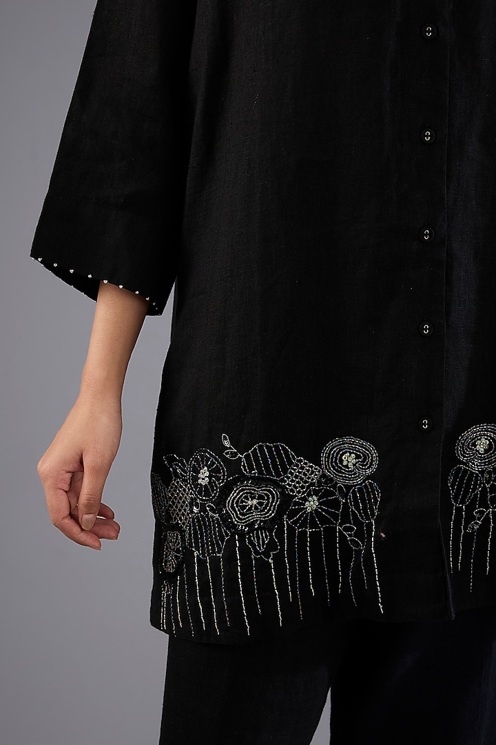 Black Linen Embroidered Co-Ord Set by Linen Bloom at Pernia's Pop Up Shop