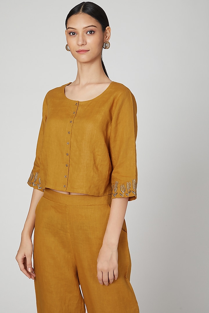 Mustard Embroidered Linen Blouse by Linen Bloom