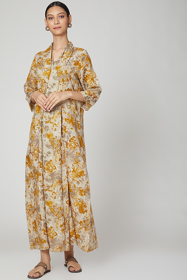 Beige Floral Printed Dress by Linen Bloom