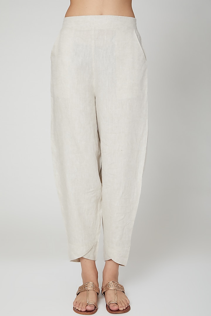 Beige Linen Crossover Pants by Linen Bloom