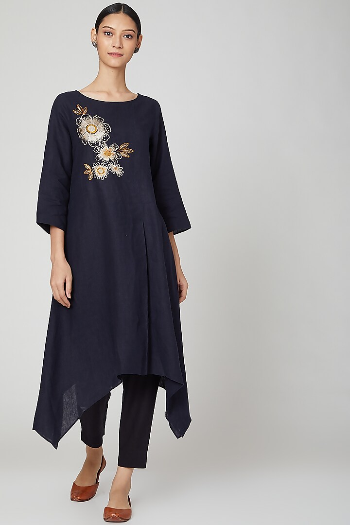 Navy Blue Embroidered Tunic by Linen Bloom