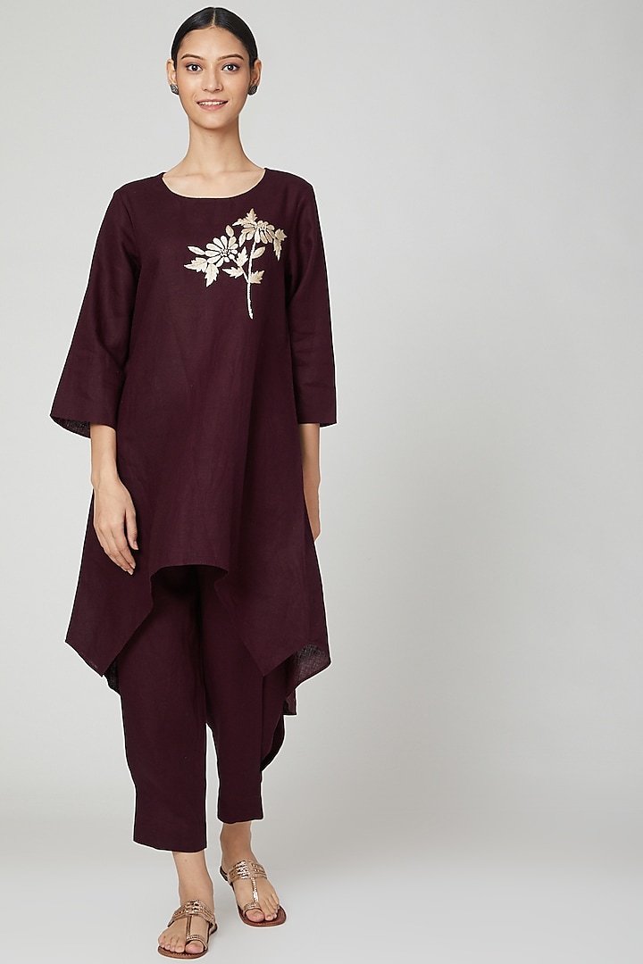 Wine Floral Embroidered Tunic by Linen Bloom