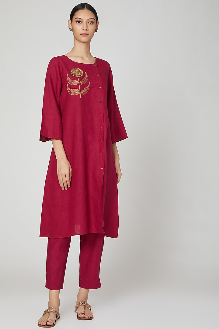 Fuchsia Floral Embroidered Tunic by Linen Bloom