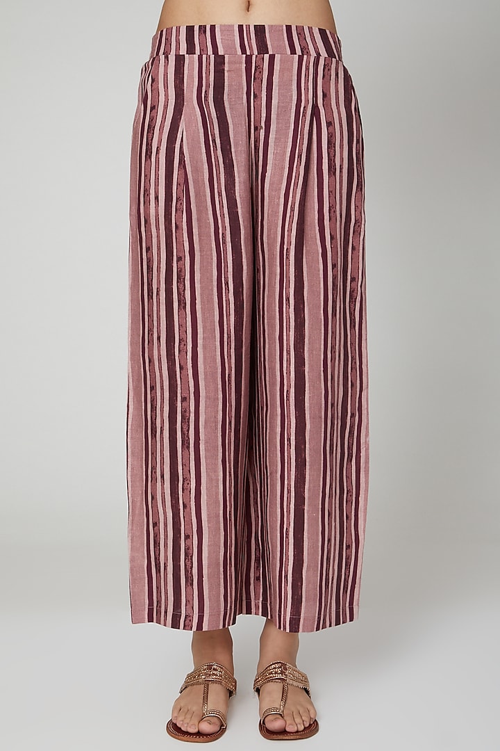 Maroon Printed Linen Pants by Linen Bloom