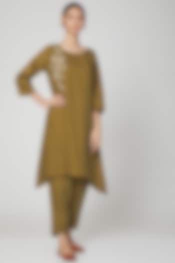 Olive Green Embroidered Tunic by Linen Bloom
