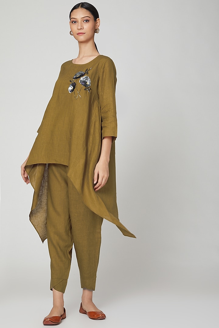 Olive Green Embroidered Linen Tunic by Linen Bloom